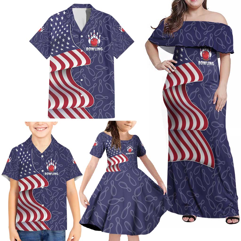 American Flag Bowling Pin Strike Graphic Family Matching Off Shoulder Maxi Dress and Hawaiian Shirt with Custom Name and Pattern Background - Wonder Print Shop