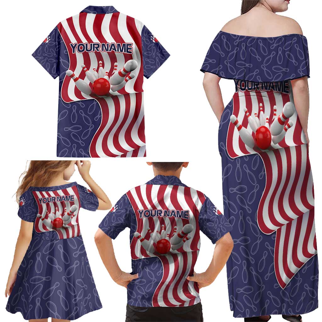 American Flag Bowling Pin Strike Graphic Family Matching Off Shoulder Maxi Dress and Hawaiian Shirt with Custom Name and Pattern Background - Wonder Print Shop
