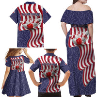 American Flag Bowling Pin Strike Graphic Family Matching Off Shoulder Maxi Dress and Hawaiian Shirt with Custom Name and Pattern Background - Wonder Print Shop