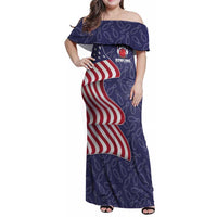 American Flag Bowling Pin Strike Graphic Family Matching Off Shoulder Maxi Dress and Hawaiian Shirt with Custom Name and Pattern Background - Wonder Print Shop