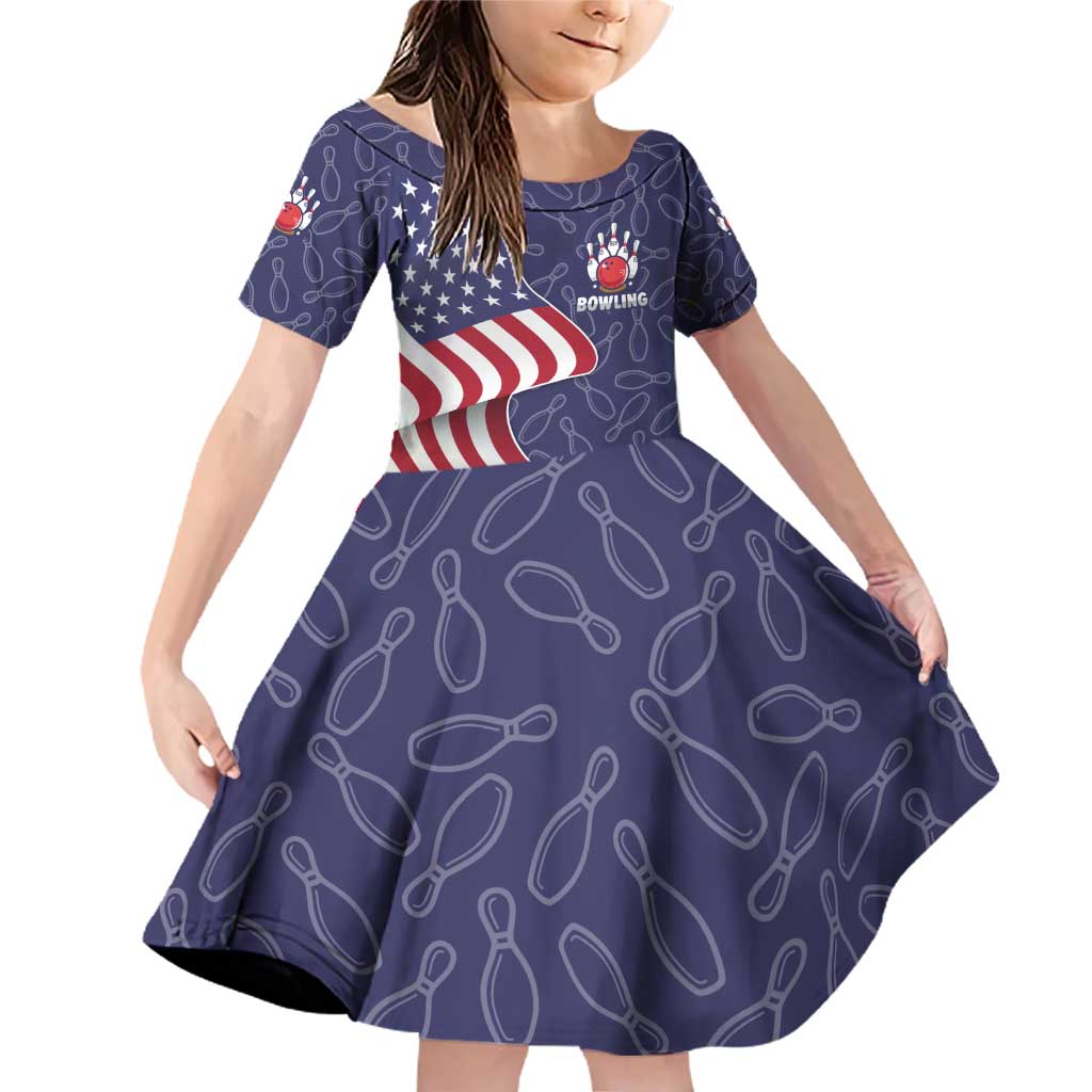 American Flag Bowling Pin Strike Graphic Family Matching Off Shoulder Short Dress and Hawaiian Shirt with Custom Name and Pattern Background - Wonder Print Shop