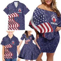 American Flag Bowling Pin Strike Graphic Family Matching Off Shoulder Short Dress and Hawaiian Shirt with Custom Name and Pattern Background - Wonder Print Shop