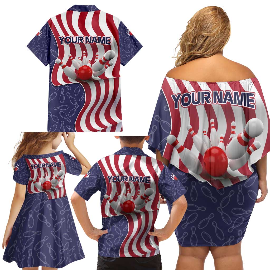 American Flag Bowling Pin Strike Graphic Family Matching Off Shoulder Short Dress and Hawaiian Shirt with Custom Name and Pattern Background - Wonder Print Shop
