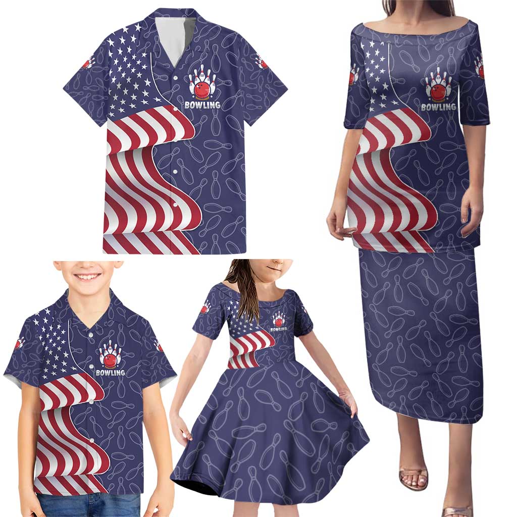 American Flag Bowling Pin Strike Graphic Family Matching Puletasi and Hawaiian Shirt with Custom Name and Pattern Background - Wonder Print Shop
