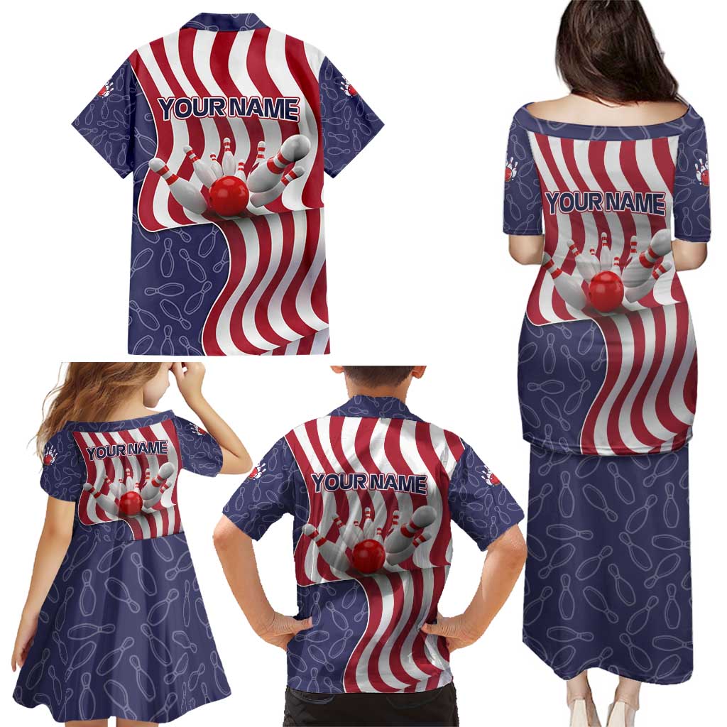 American Flag Bowling Pin Strike Graphic Family Matching Puletasi and Hawaiian Shirt with Custom Name and Pattern Background - Wonder Print Shop