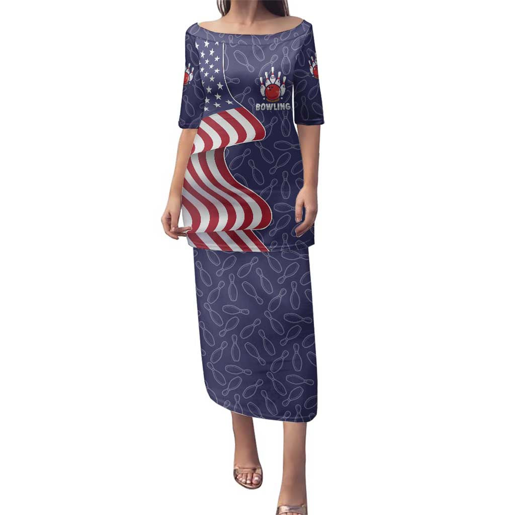 American Flag Bowling Pin Strike Graphic Family Matching Puletasi and Hawaiian Shirt with Custom Name and Pattern Background - Wonder Print Shop