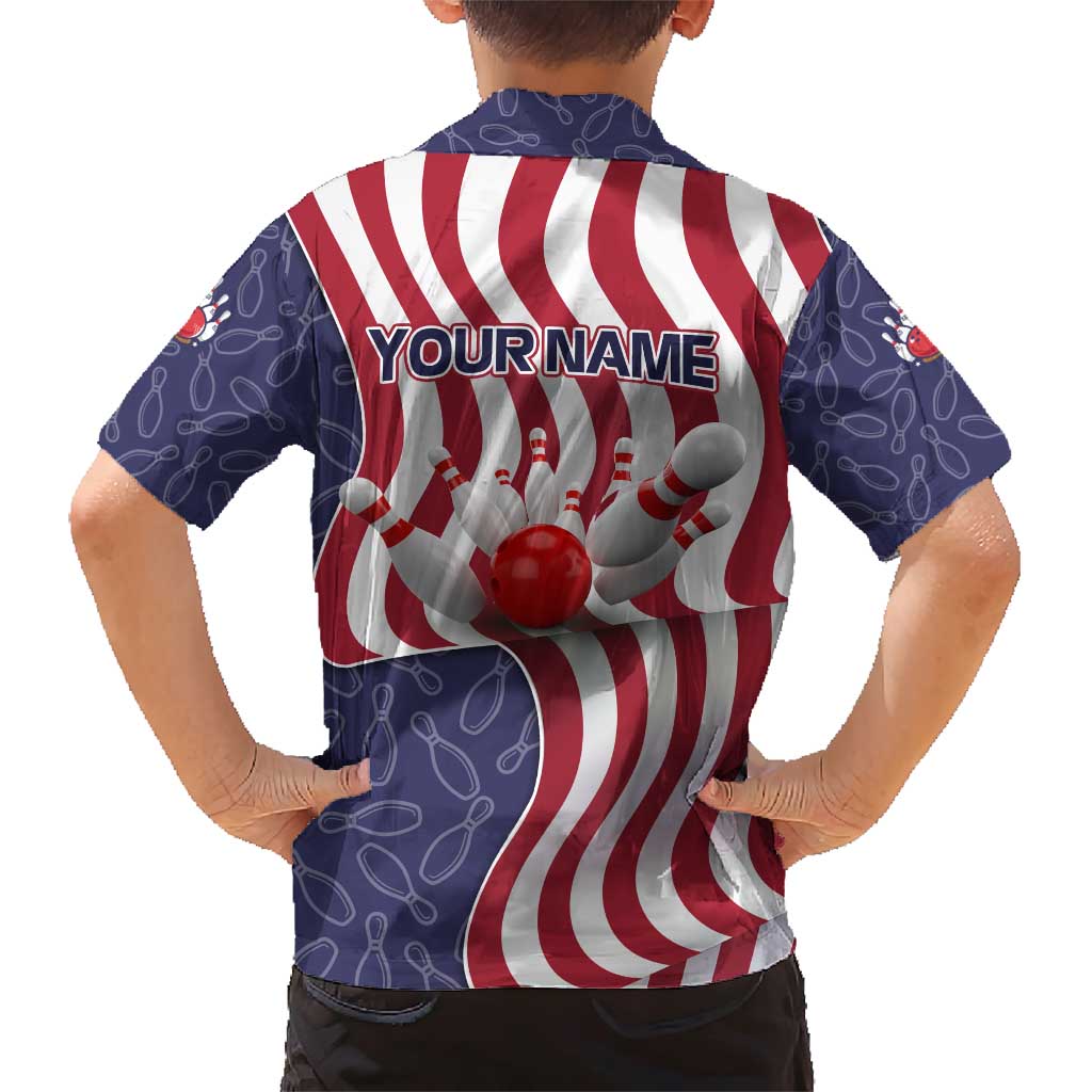 American Flag Bowling Pin Strike Graphic Family Matching Short Sleeve Bodycon Dress and Hawaiian Shirt with Custom Name and Pattern Background - Wonder Print Shop