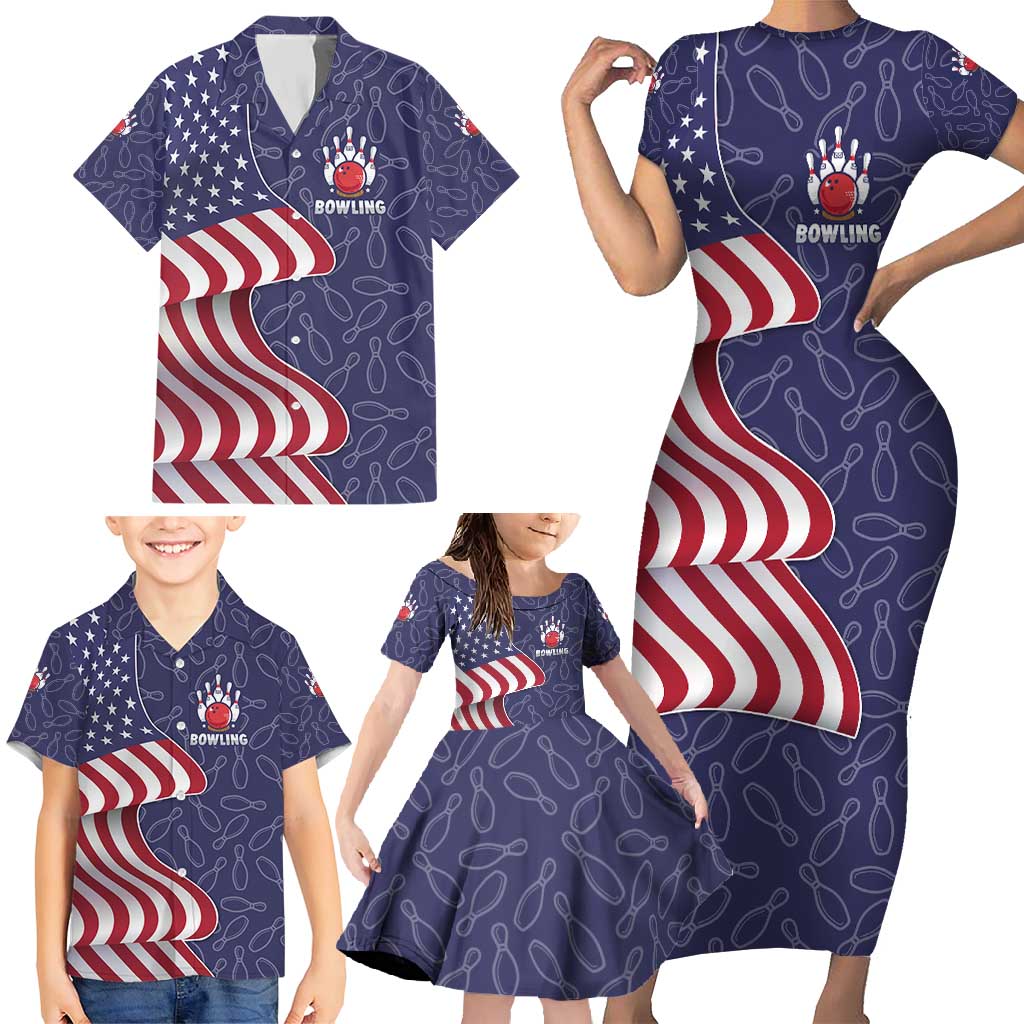 American Flag Bowling Pin Strike Graphic Family Matching Short Sleeve Bodycon Dress and Hawaiian Shirt with Custom Name and Pattern Background - Wonder Print Shop