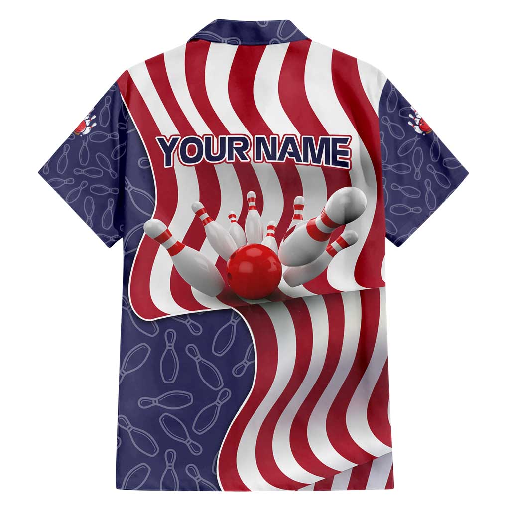 American Flag Bowling Pin Strike Graphic Family Matching Short Sleeve Bodycon Dress and Hawaiian Shirt with Custom Name and Pattern Background - Wonder Print Shop