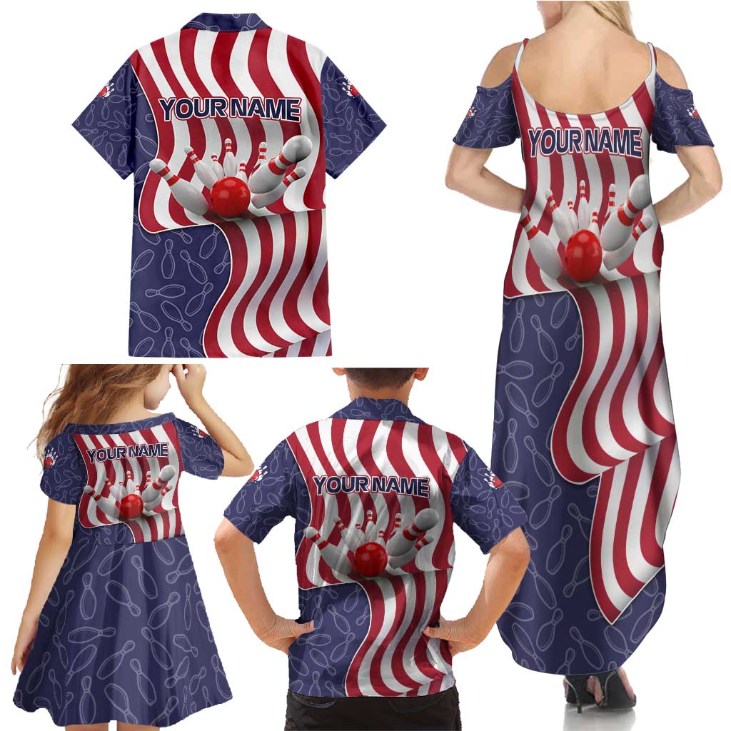 American Flag Bowling Pin Strike Graphic Family Matching Summer Maxi Dress and Hawaiian Shirt with Custom Name and Pattern Background - Wonder Print Shop