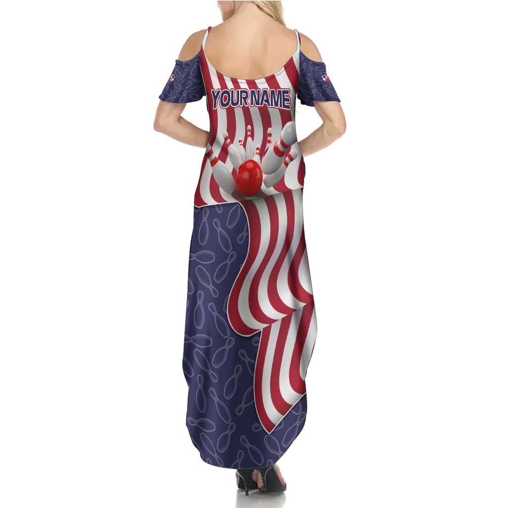 American Flag Bowling Pin Strike Graphic Family Matching Summer Maxi Dress and Hawaiian Shirt with Custom Name and Pattern Background - Wonder Print Shop