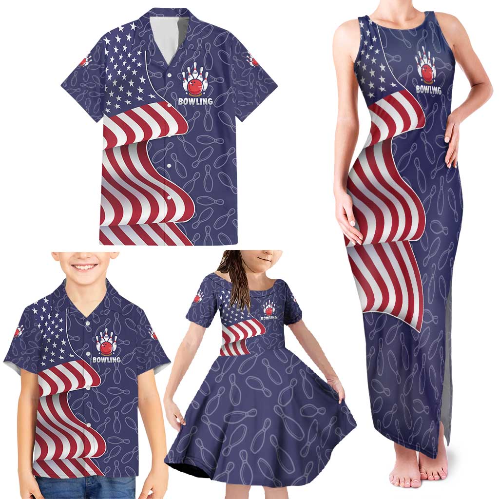 American Flag Bowling Pin Strike Graphic Family Matching Tank Maxi Dress and Hawaiian Shirt with Custom Name and Pattern Background - Wonder Print Shop