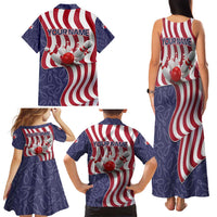 American Flag Bowling Pin Strike Graphic Family Matching Tank Maxi Dress and Hawaiian Shirt with Custom Name and Pattern Background - Wonder Print Shop