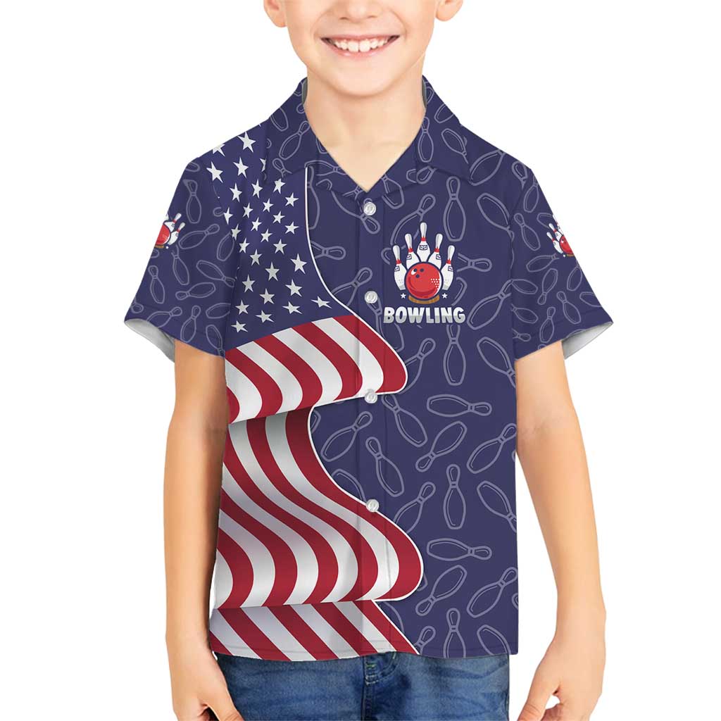 American Flag Bowling Pin Strike Graphic Family Matching Tank Maxi Dress and Hawaiian Shirt with Custom Name and Pattern Background - Wonder Print Shop