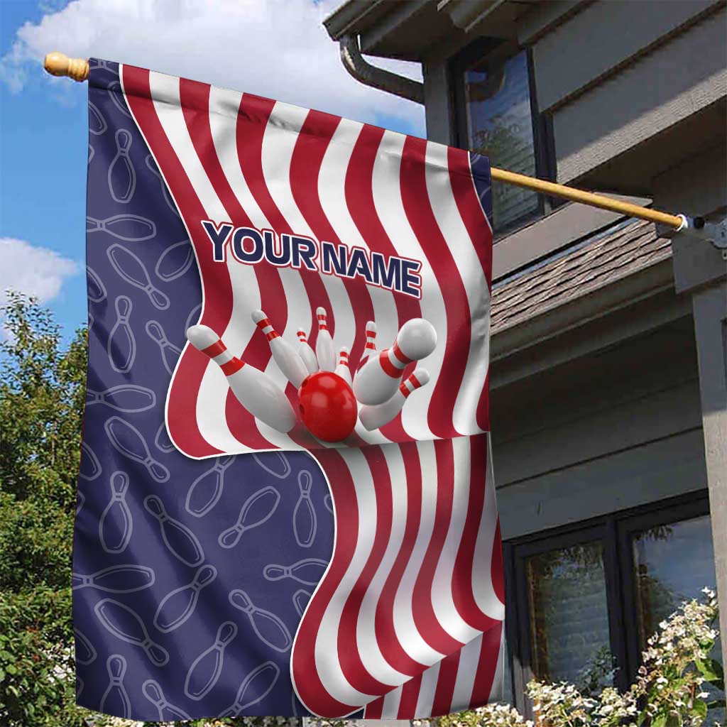 American Flag Bowling Pin Strike Graphic Garden Flag with Custom Name and Pattern Background - Wonder Print Shop