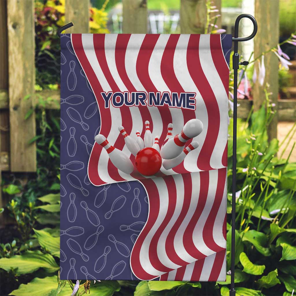 American Flag Bowling Pin Strike Graphic Garden Flag with Custom Name and Pattern Background - Wonder Print Shop
