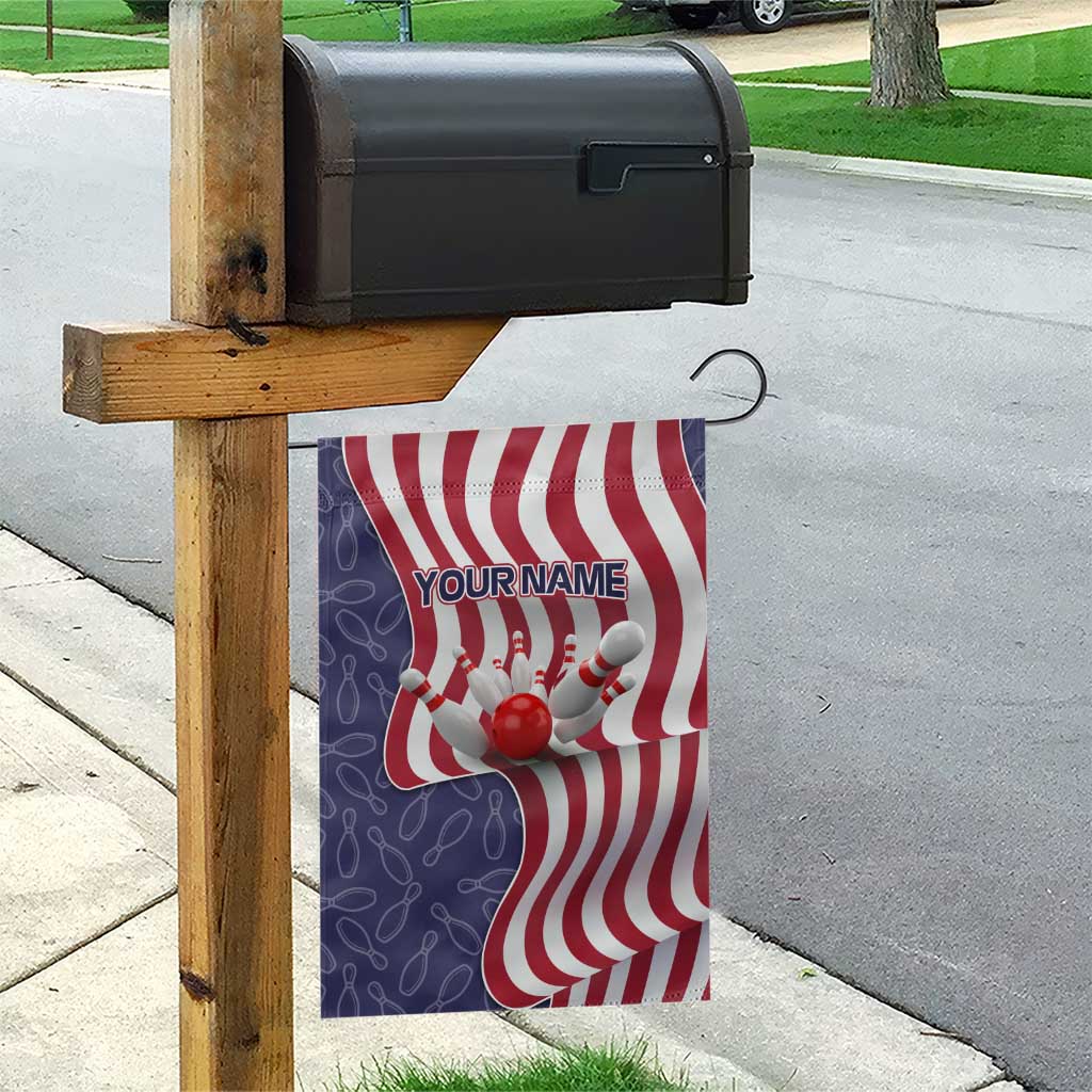 American Flag Bowling Pin Strike Graphic Garden Flag with Custom Name and Pattern Background - Wonder Print Shop