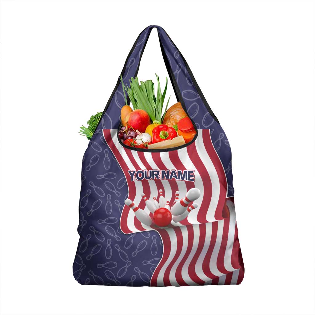 American Flag Bowling Pin Strike Graphic Grocery Bag with Custom Name and Pattern Background - Wonder Print Shop