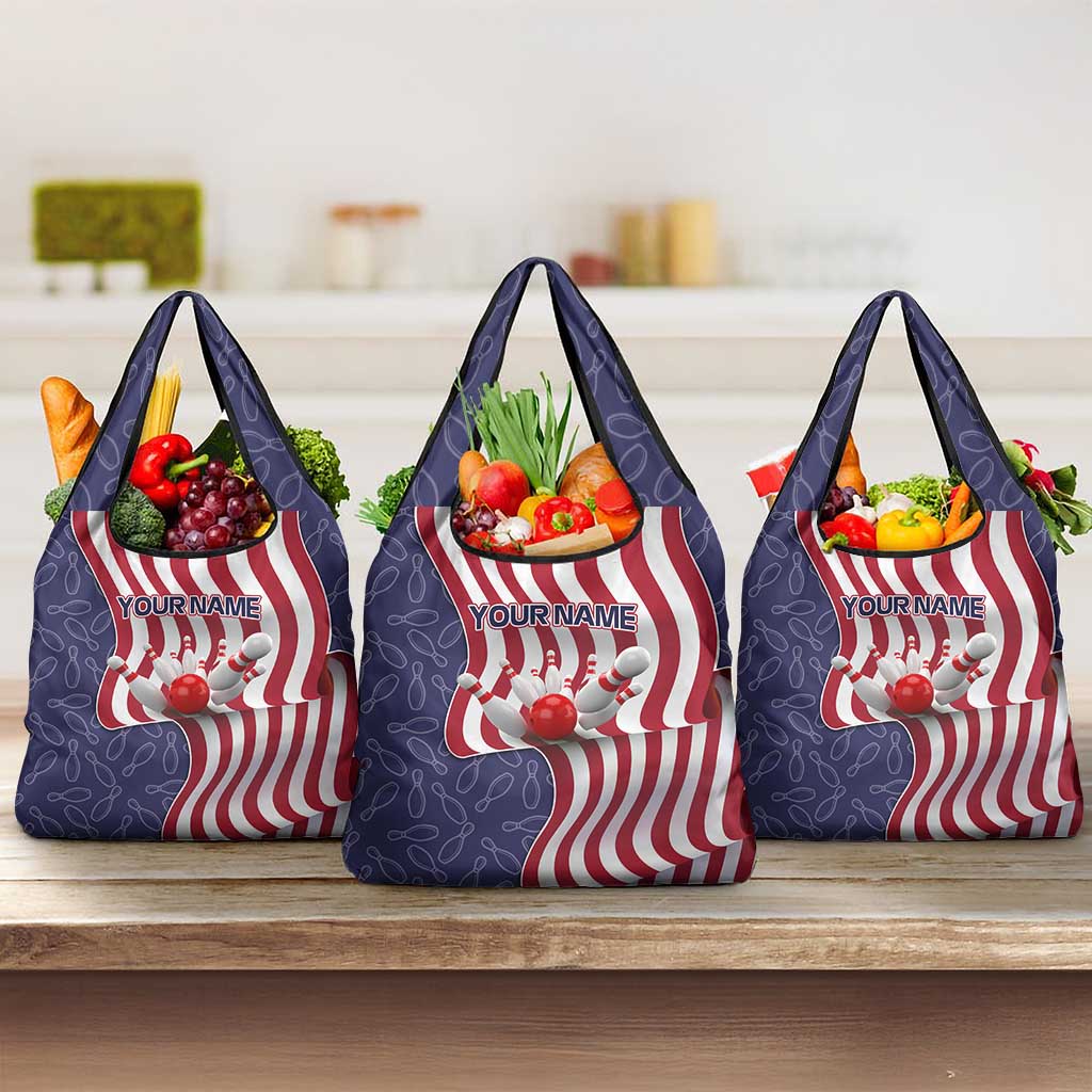 American Flag Bowling Pin Strike Graphic Grocery Bag with Custom Name and Pattern Background - Wonder Print Shop
