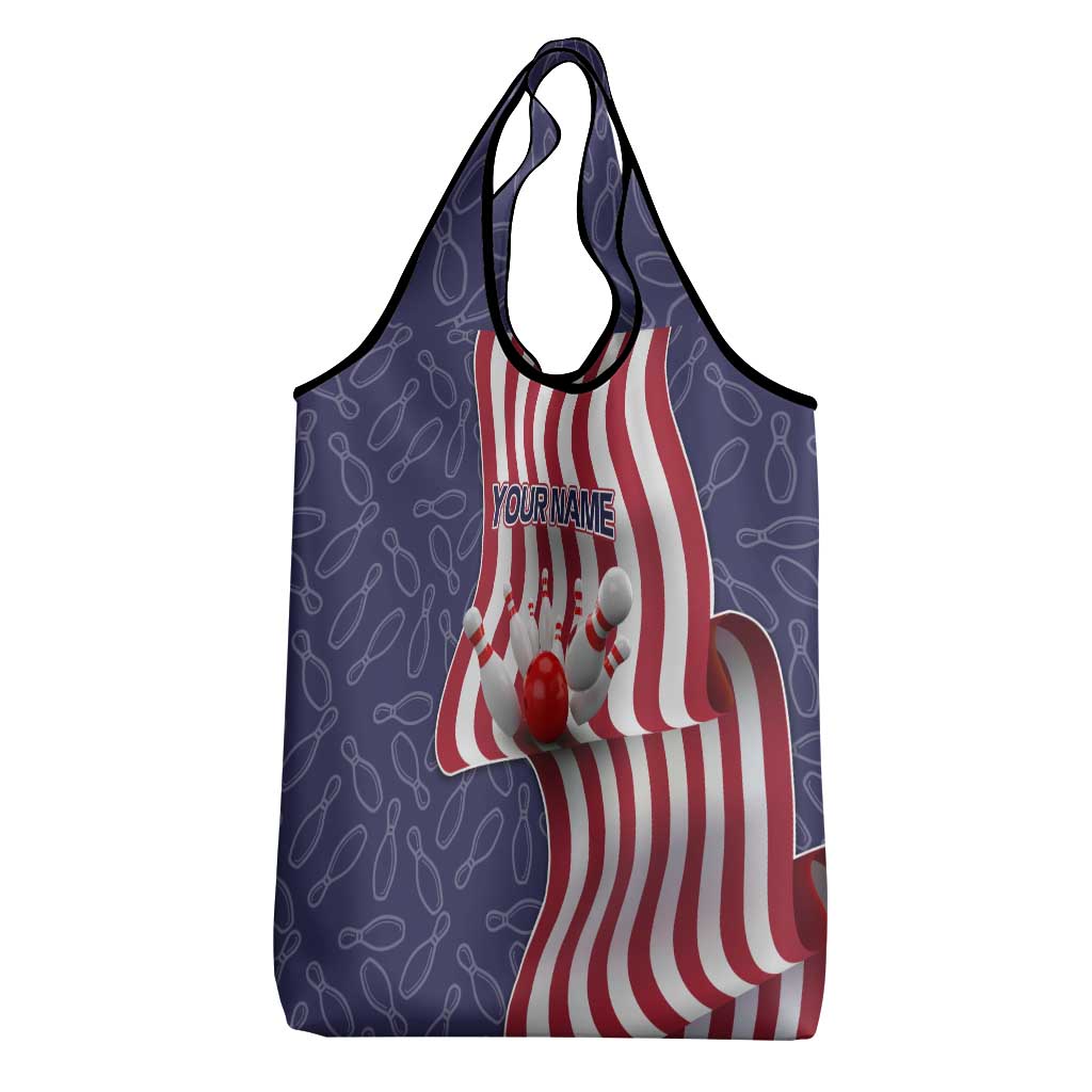 American Flag Bowling Pin Strike Graphic Grocery Bag with Custom Name and Pattern Background - Wonder Print Shop