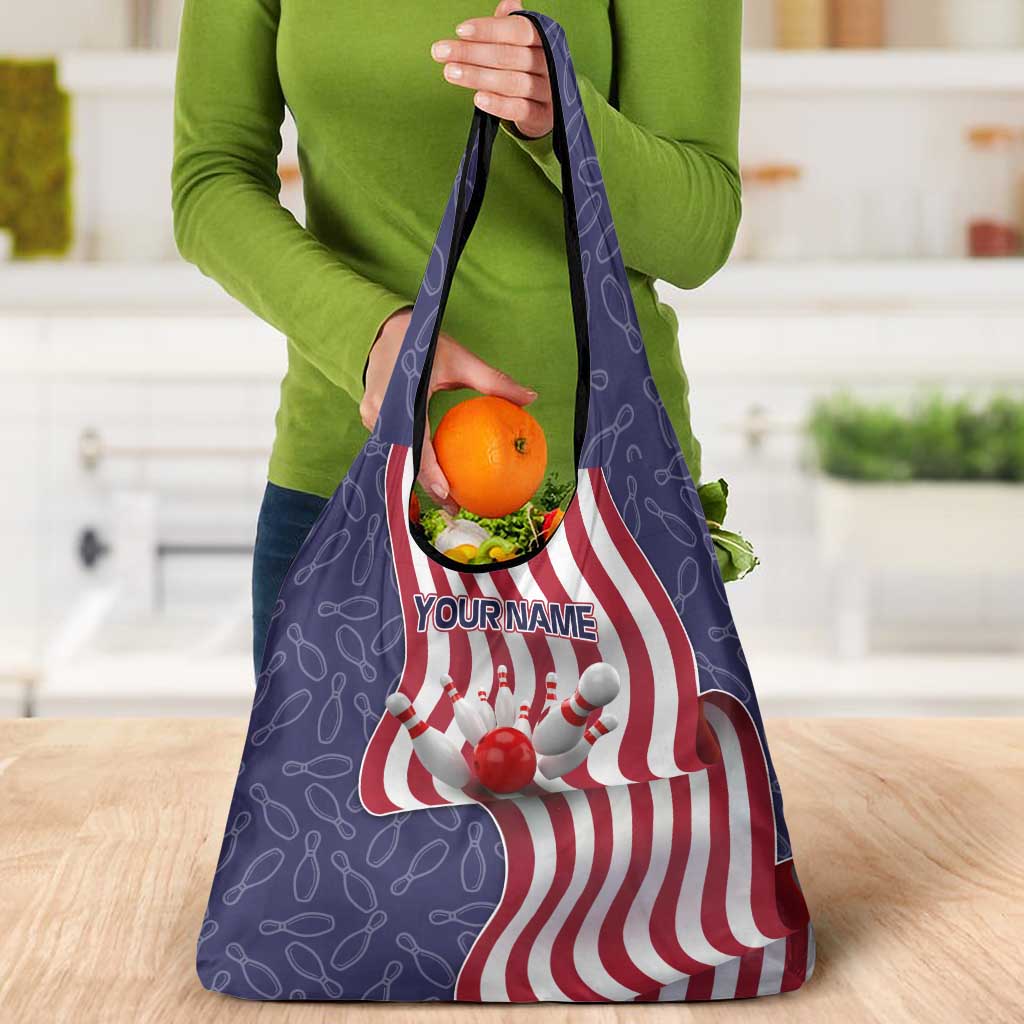 American Flag Bowling Pin Strike Graphic Grocery Bag with Custom Name and Pattern Background - Wonder Print Shop