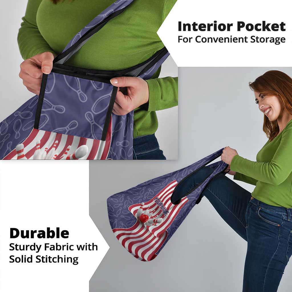 American Flag Bowling Pin Strike Graphic Grocery Bag with Custom Name and Pattern Background - Wonder Print Shop