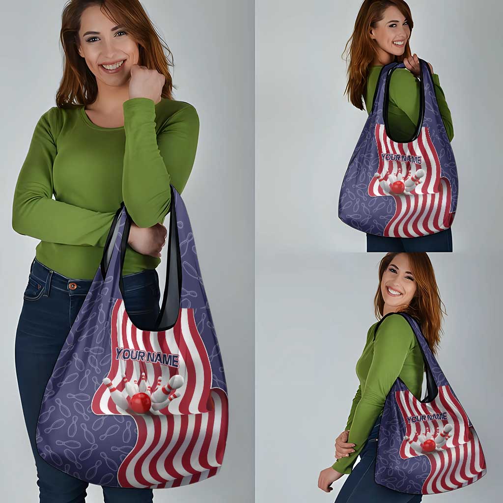 American Flag Bowling Pin Strike Graphic Grocery Bag with Custom Name and Pattern Background - Wonder Print Shop