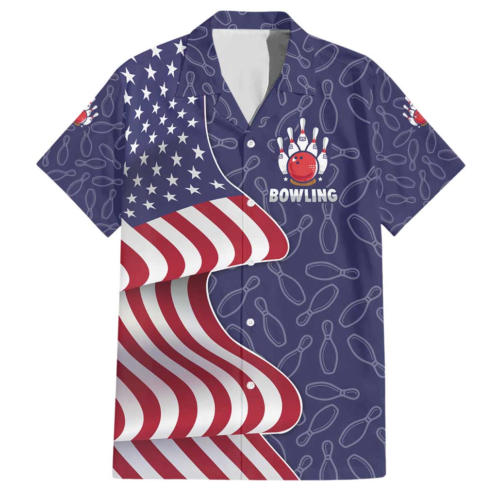 American Flag Bowling Pin Strike Graphic Hawaiian Shirt with Custom Name and Pattern Background - Wonder Print Shop