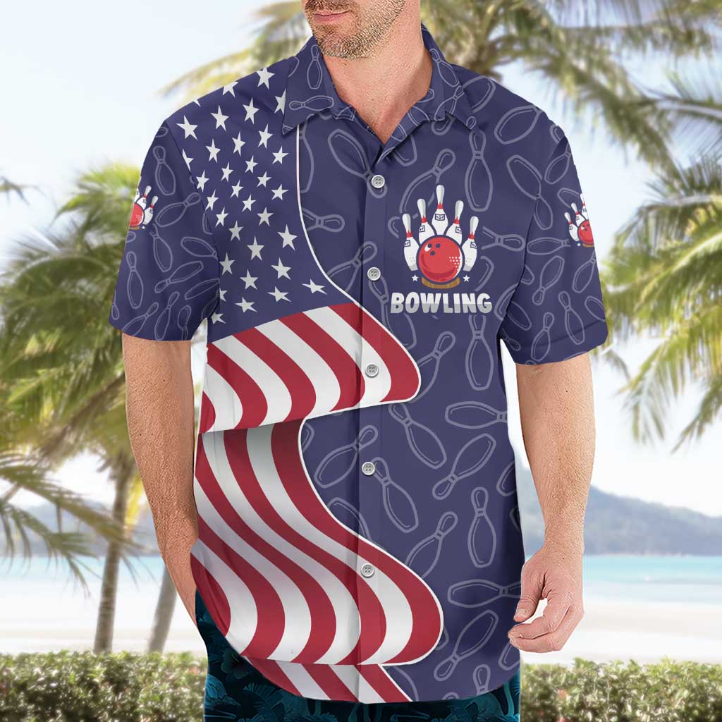 American Flag Bowling Pin Strike Graphic Hawaiian Shirt with Custom Name and Pattern Background - Wonder Print Shop