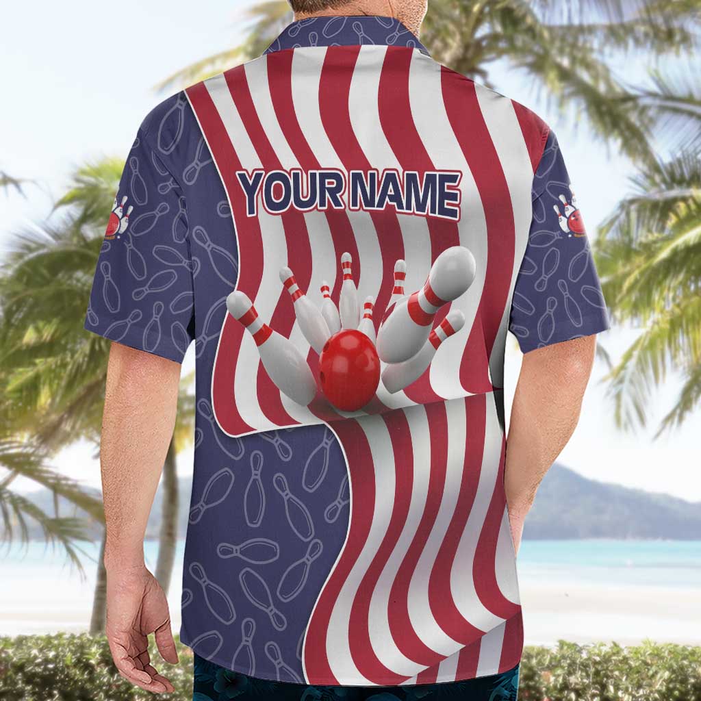 American Flag Bowling Pin Strike Graphic Hawaiian Shirt with Custom Name and Pattern Background - Wonder Print Shop