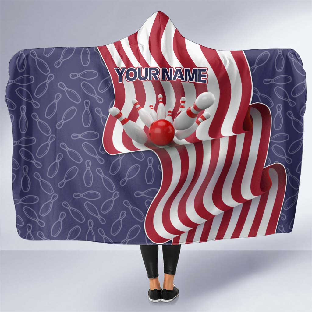 American Flag Bowling Pin Strike Graphic Hooded Blanket with Custom Name and Pattern Background - Wonder Print Shop