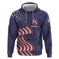 American Flag Bowling Pin Strike Graphic Hoodie with Custom Name and Pattern Background - Wonder Print Shop