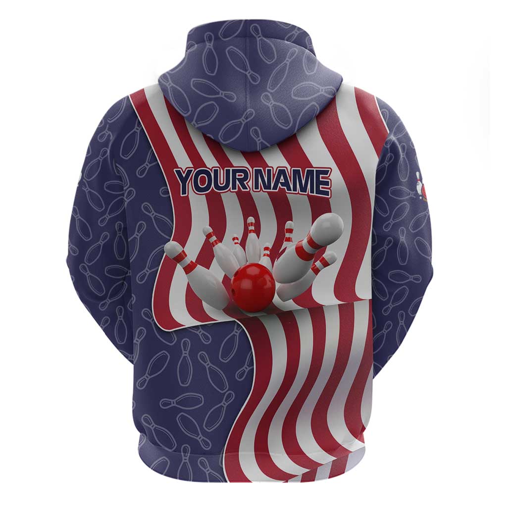 American Flag Bowling Pin Strike Graphic Hoodie with Custom Name and Pattern Background - Wonder Print Shop