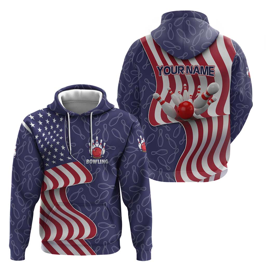 American Flag Bowling Pin Strike Graphic Hoodie with Custom Name and Pattern Background - Wonder Print Shop