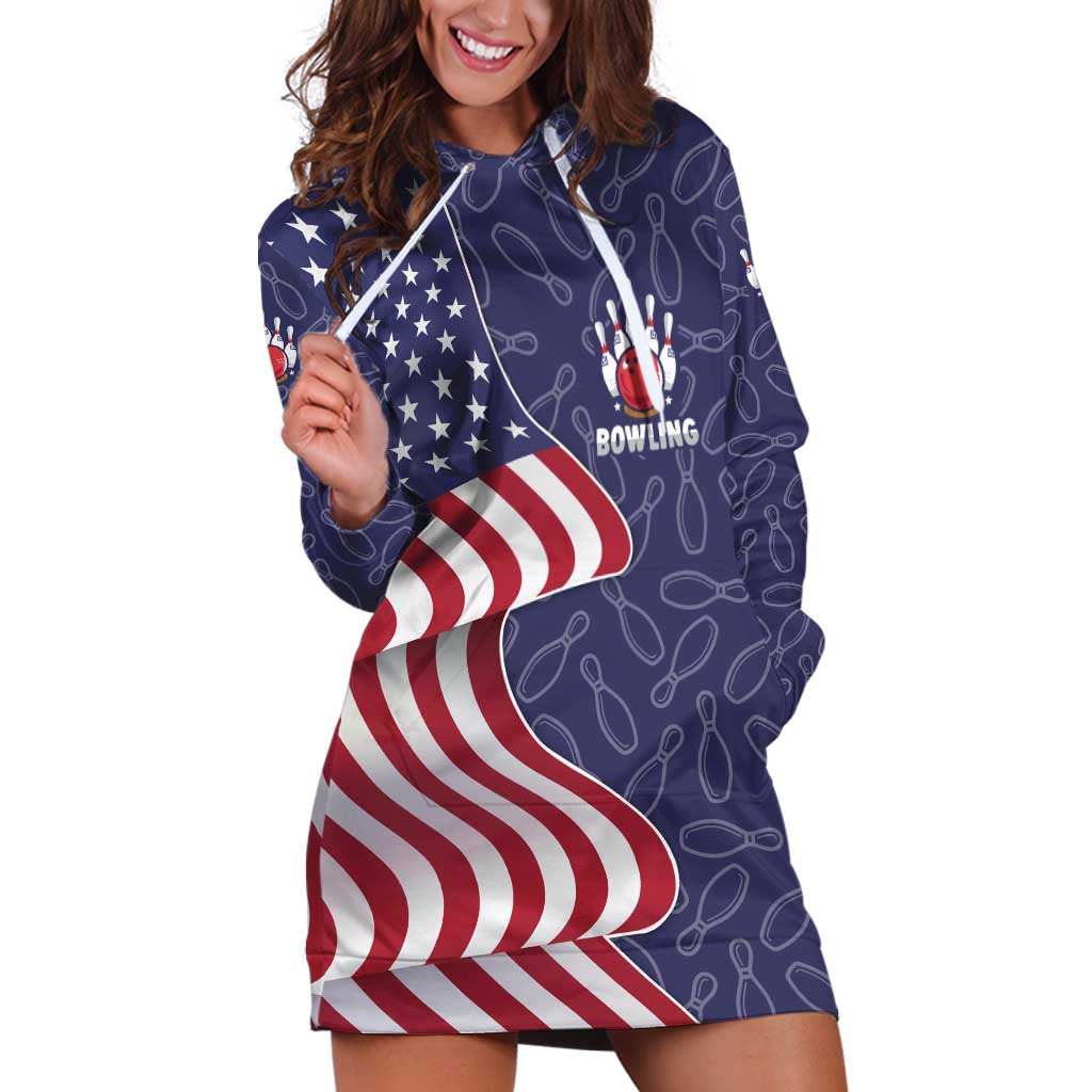 American Flag Bowling Pin Strike Graphic Hoodie Dress with Custom Name and Pattern Background - Wonder Print Shop