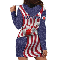 American Flag Bowling Pin Strike Graphic Hoodie Dress with Custom Name and Pattern Background - Wonder Print Shop