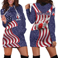 American Flag Bowling Pin Strike Graphic Hoodie Dress with Custom Name and Pattern Background - Wonder Print Shop