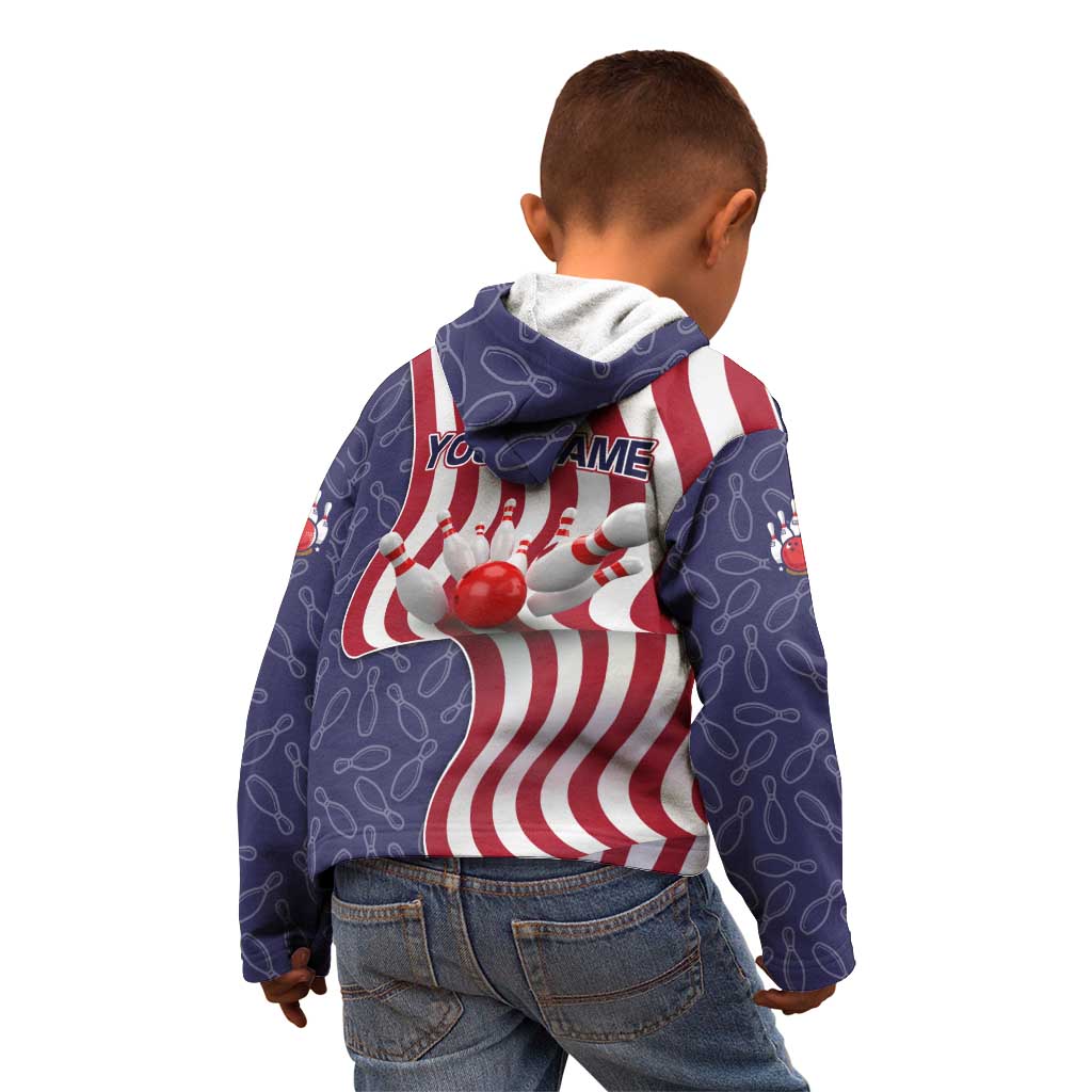 American Flag Bowling Pin Strike Graphic Kid Hoodie with Custom Name and Pattern Background - Wonder Print Shop