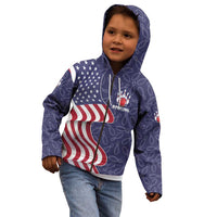 American Flag Bowling Pin Strike Graphic Kid Hoodie with Custom Name and Pattern Background - Wonder Print Shop