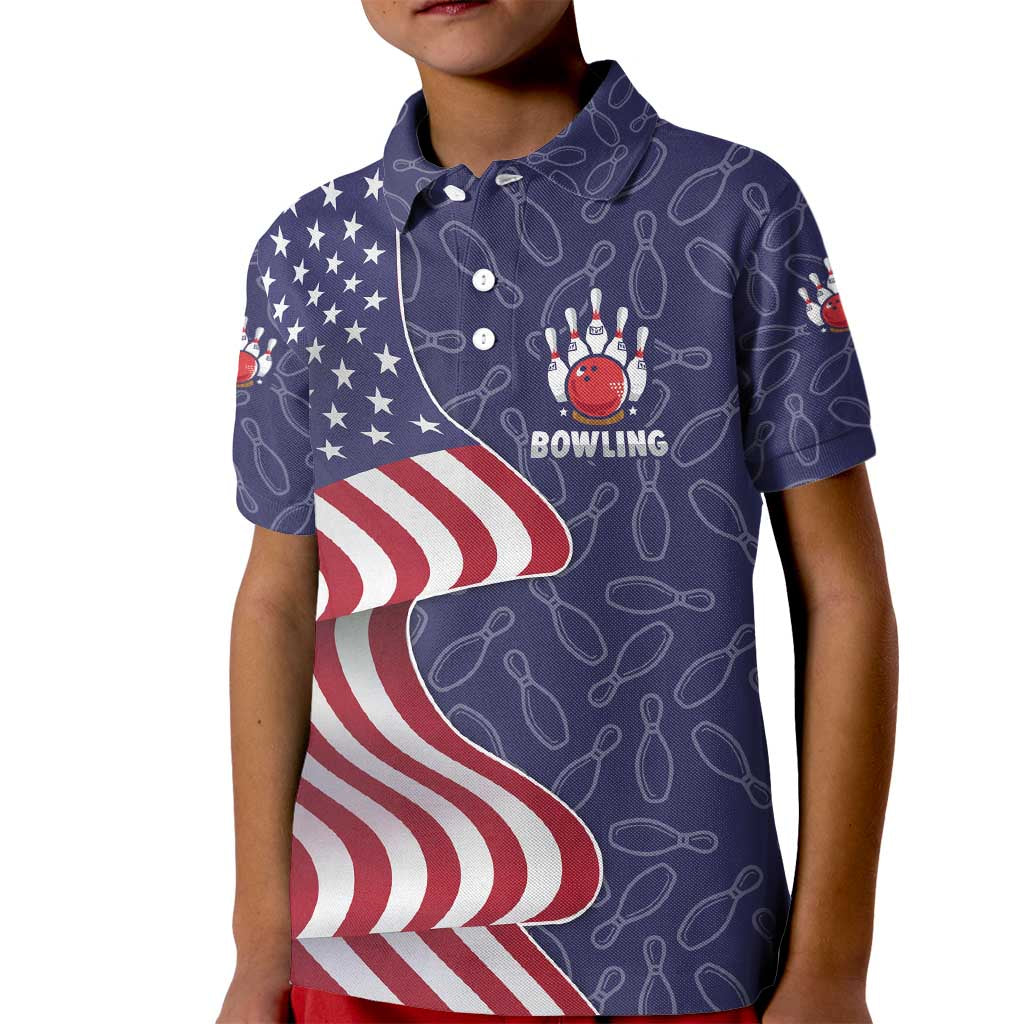 American Flag Bowling Pin Strike Graphic Kid Polo Shirt with Custom Name and Pattern Background - Wonder Print Shop