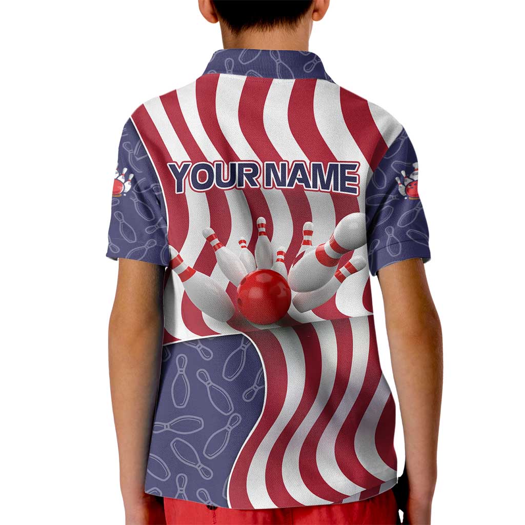 American Flag Bowling Pin Strike Graphic Kid Polo Shirt with Custom Name and Pattern Background - Wonder Print Shop