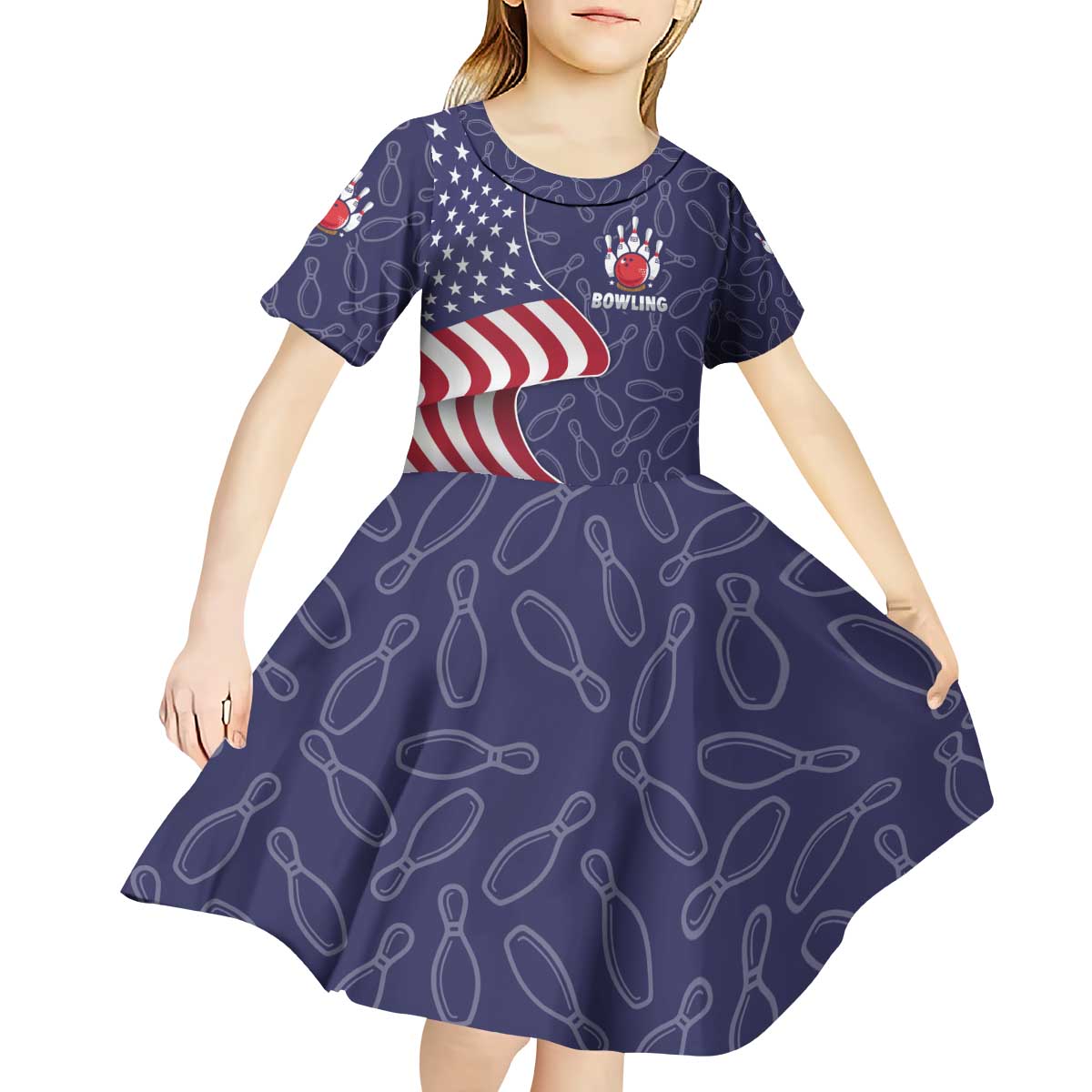 American Flag Bowling Pin Strike Graphic Kid Short Sleeve Dress with Custom Name and Pattern Background - Wonder Print Shop