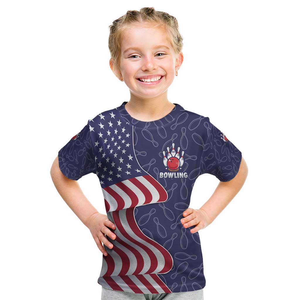American Flag Bowling Pin Strike Graphic Kid T Shirt with Custom Name and Pattern Background - Wonder Print Shop