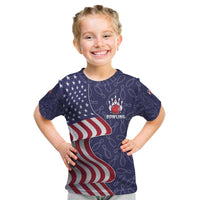 American Flag Bowling Pin Strike Graphic Kid T Shirt with Custom Name and Pattern Background - Wonder Print Shop
