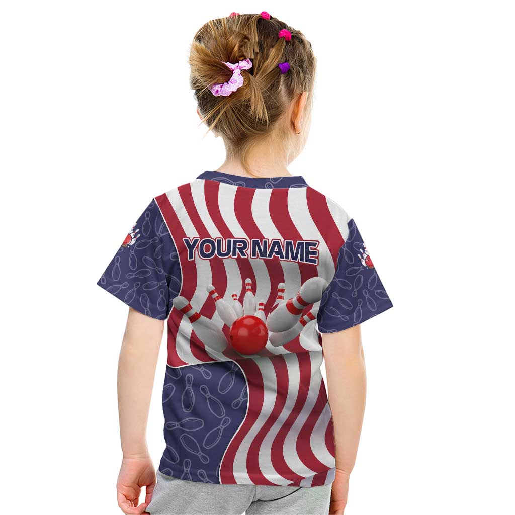American Flag Bowling Pin Strike Graphic Kid T Shirt with Custom Name and Pattern Background - Wonder Print Shop