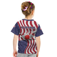 American Flag Bowling Pin Strike Graphic Kid T Shirt with Custom Name and Pattern Background - Wonder Print Shop