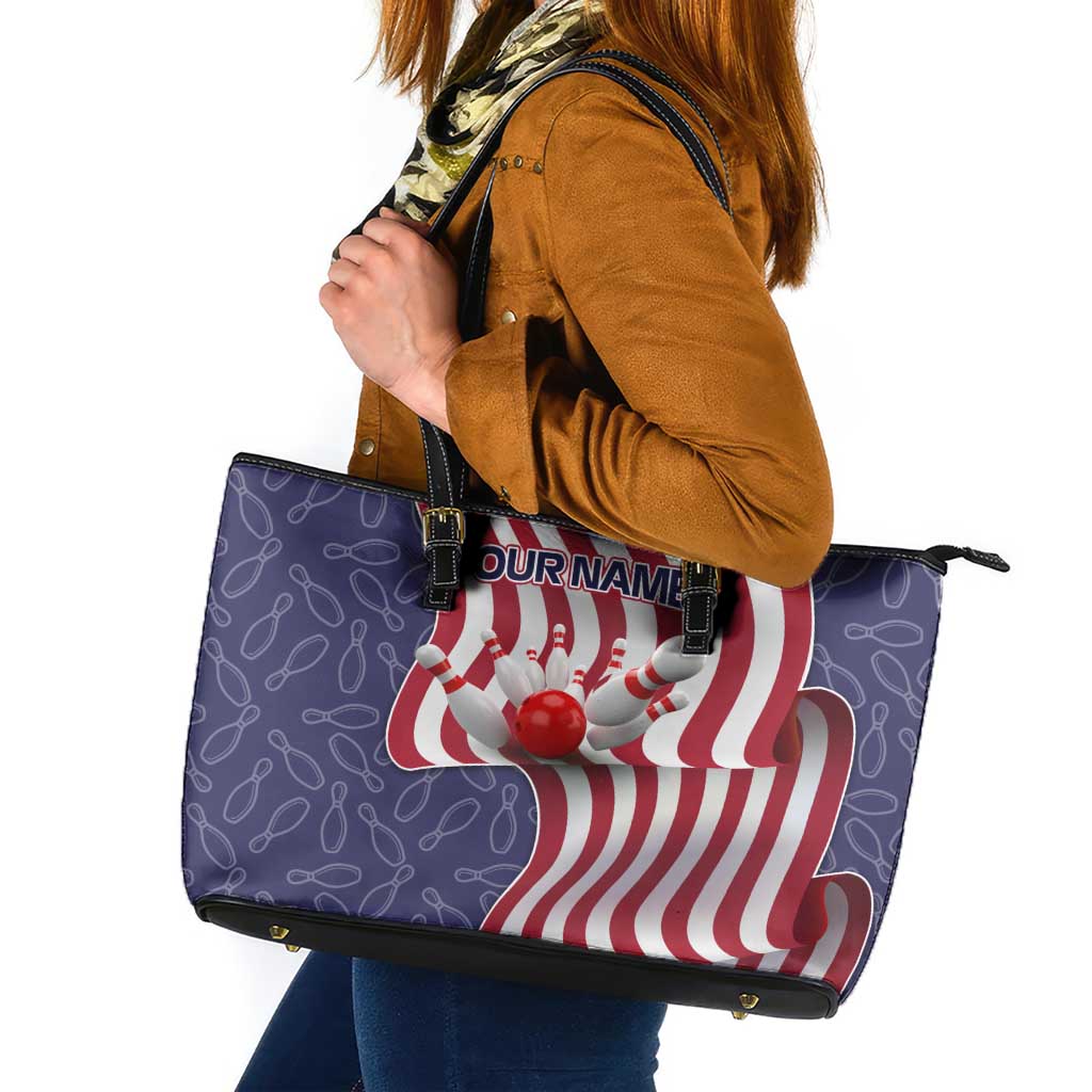 American Flag Bowling Pin Strike Graphic Leather Tote Bag with Custom Name and Pattern Background - Wonder Print Shop