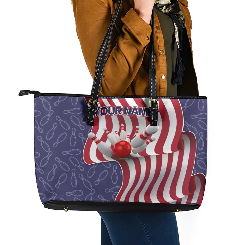 American Flag Bowling Pin Strike Graphic Leather Tote Bag with Custom Name and Pattern Background - Wonder Print Shop