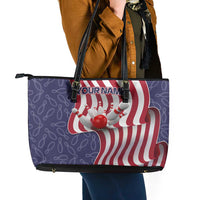 American Flag Bowling Pin Strike Graphic Leather Tote Bag with Custom Name and Pattern Background - Wonder Print Shop