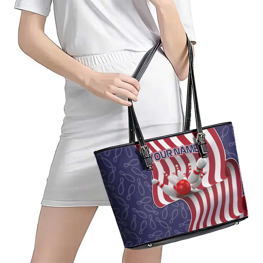 American Flag Bowling Pin Strike Graphic Leather Tote Bag with Custom Name and Pattern Background - Wonder Print Shop